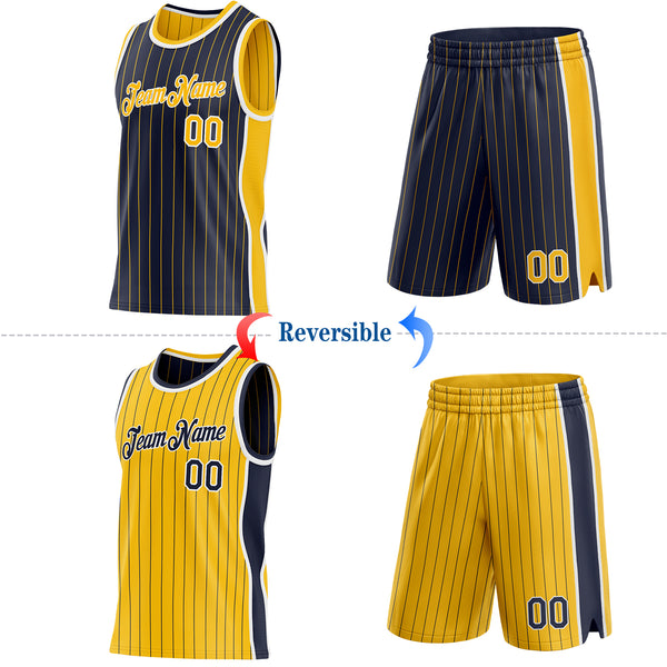 Custom Navy Gold Pinstripe-White Side Panels Reversible Double Side Sublimation Basketball Set Jersey