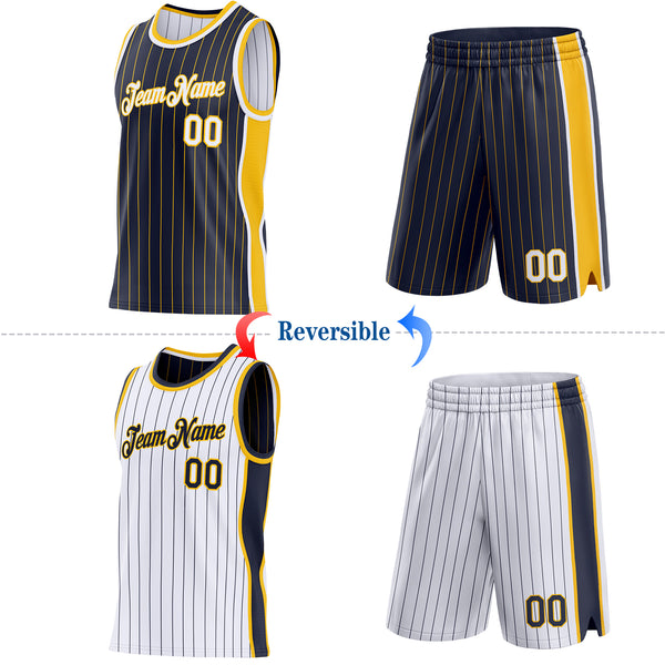 Custom Navy Gold Pinstripe-White Side Panels Reversible Double Side Sublimation Basketball Set Jersey