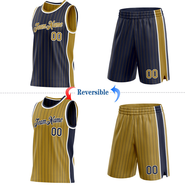 Custom Navy Old Gold Pinstripe-White Side Panels Reversible Double Side Sublimation Basketball Set Jersey
