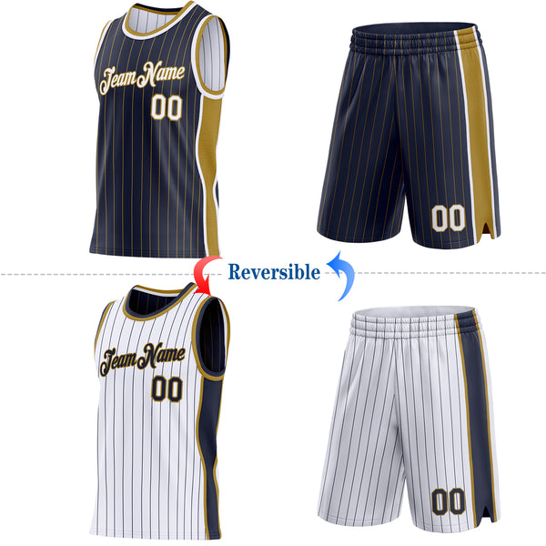 Custom Navy Old Gold Pinstripe-White Side Panels Reversible Double Side Sublimation Basketball Set Jersey