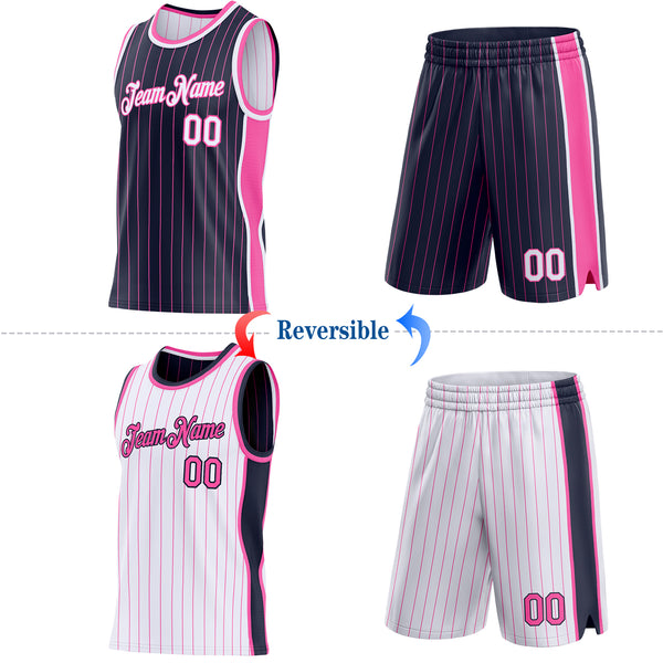 Custom Navy Pink Pinstripe-White Side Panels Reversible Double Side Sublimation Basketball Set Jersey