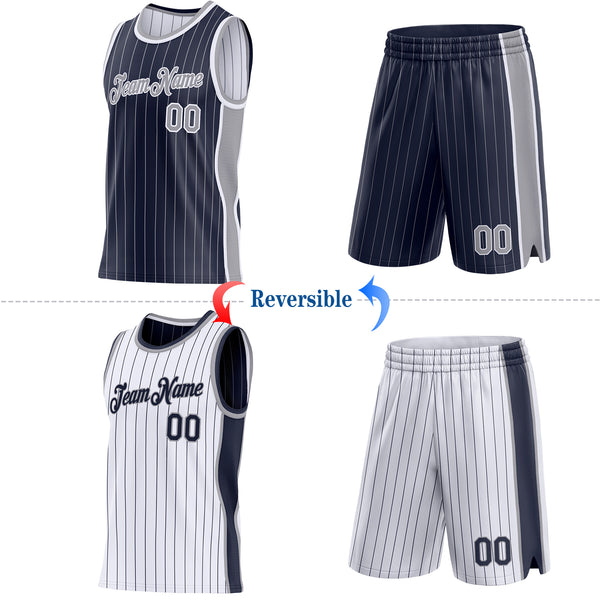 Custom Navy Gray Pinstripe-White Side Panels Reversible Double Side Sublimation Basketball Set Jersey