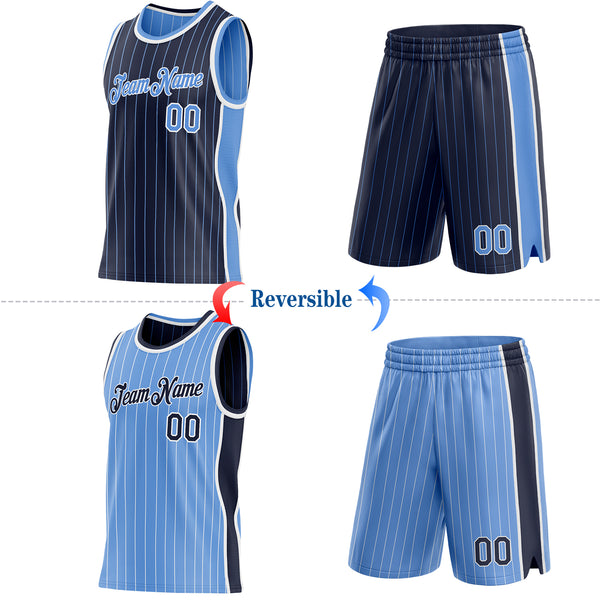 Custom Navy Light Blue Pinstripe-White Side Panels Reversible Double Side Sublimation Basketball Set Jersey