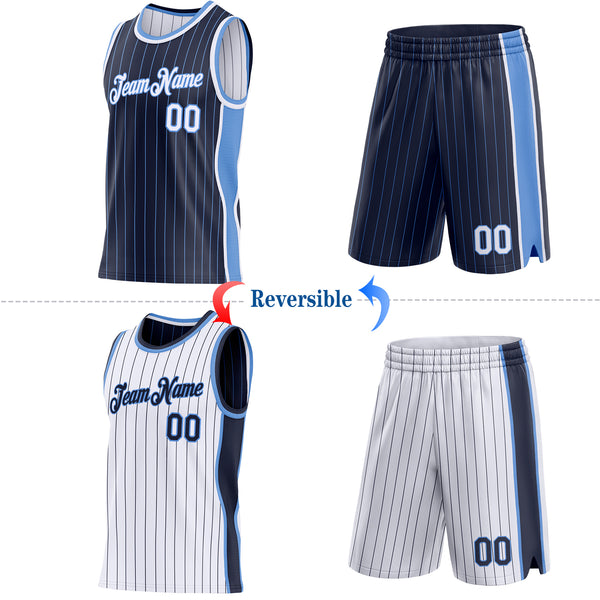 Custom Navy Light Blue Pinstripe-White Side Panels Reversible Double Side Sublimation Basketball Set Jersey