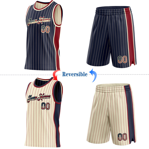 Custom Navy Cream Pinstripe Vintage USA Flag-Maroon Side Panels Reversible Double Side Sublimation Basketball Set Jersey
