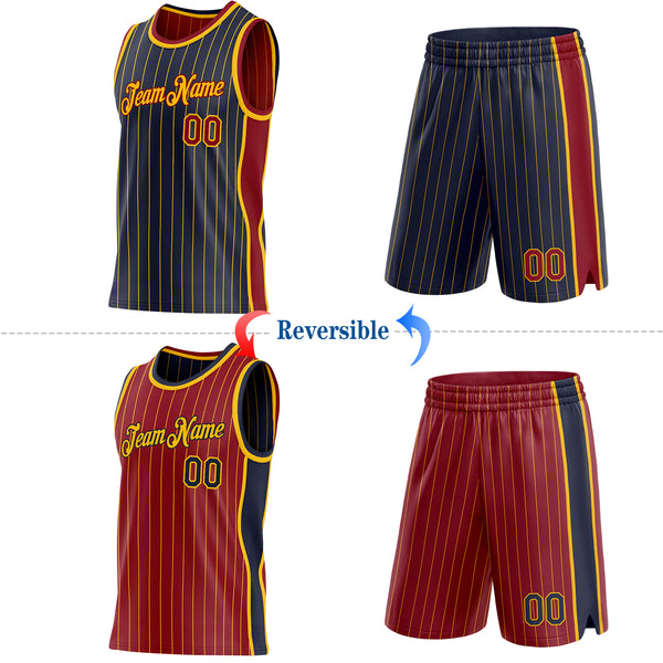 Custom Navy Gold Pinstripe-Maroon Side Panels Reversible Double Side Sublimation Basketball Set Jersey