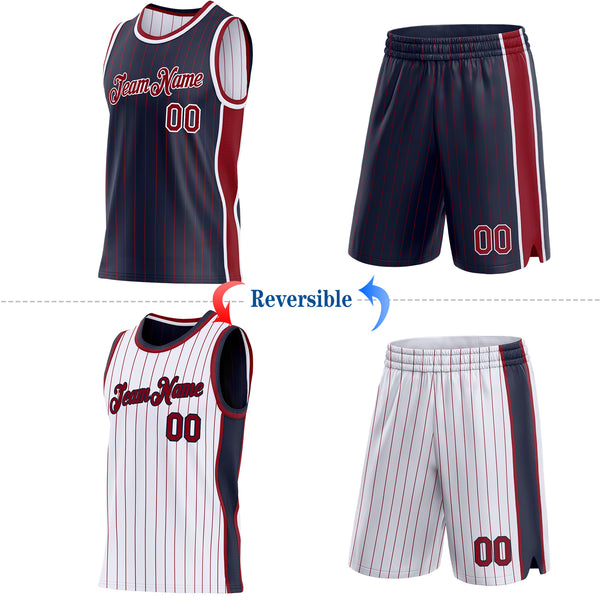 Custom Navy Maroon Pinstripe-White Side Panels Reversible Double Side Sublimation Basketball Set Jersey