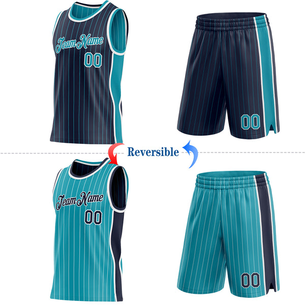 Custom Navy Teal Pinstripe-White Side Panels Reversible Double Side Sublimation Basketball Set Jersey