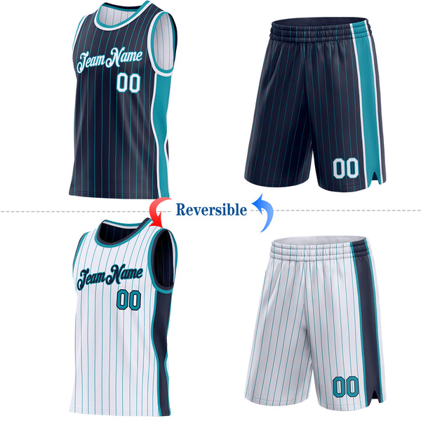 Custom Navy Teal Pinstripe-White Side Panels Reversible Double Side Sublimation Basketball Set Jersey