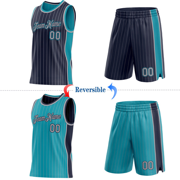 Custom Navy Gray Pinstripe-Teal Side Panels Reversible Double Side Sublimation Basketball Set Jersey