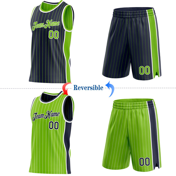 Custom Navy Neon Green Pinstripe-White Side Panels Reversible Double Side Sublimation Basketball Set Jersey