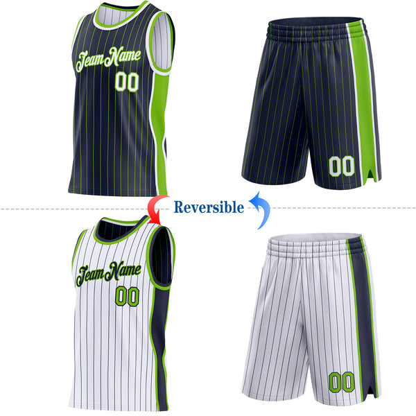 Custom Navy Neon Green Pinstripe-White Side Panels Reversible Double Side Sublimation Basketball Set Jersey