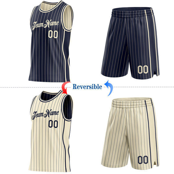 Custom Navy Cream Pinstripe Side Panels Reversible Double Side Sublimation Basketball Set Jersey