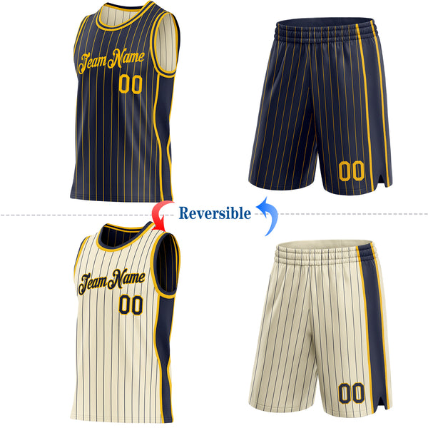 Custom Navy Gold & Cream Navy Pinstripe Side Panels Reversible Double Side Sublimation Basketball Set Jersey