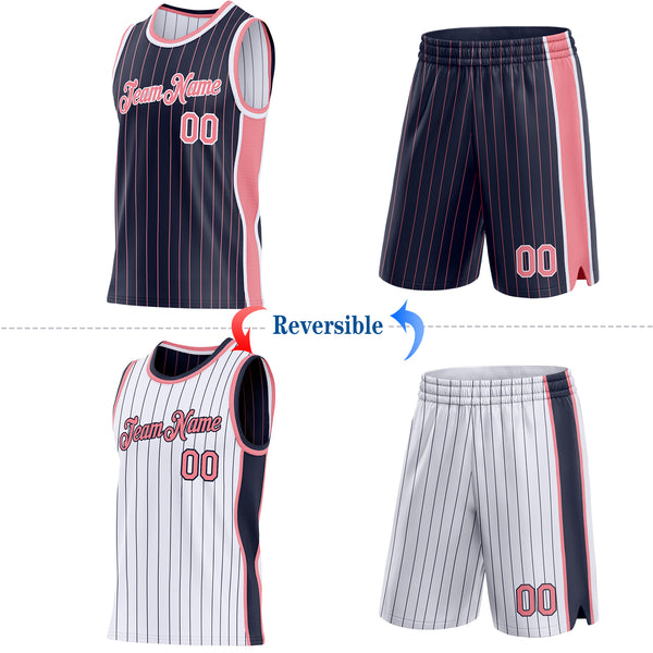Custom Navy Medium Pink Pinstripe-White Side Panels Reversible Double Side Sublimation Basketball Set Jersey