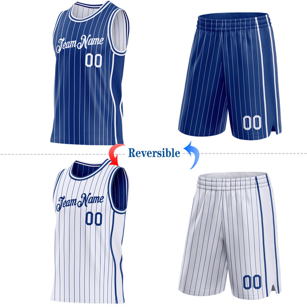 Custom Royal White Pinstripe Side Panels Reversible Double Side Sublimation Basketball Set Jersey