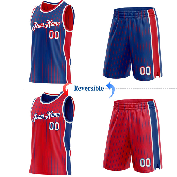 Custom Royal Red Pinstripe-White Side Panels Reversible Double Side Sublimation Basketball Set Jersey