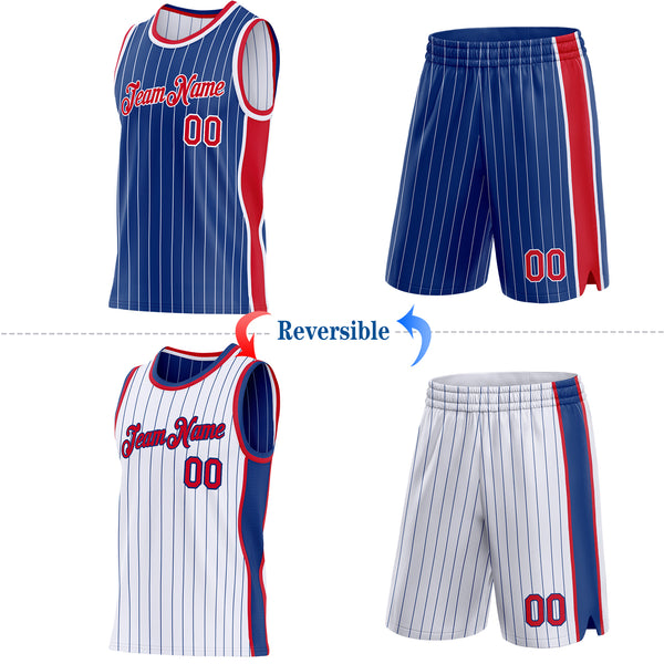 Custom Royal White Pinstripe-Red Side Panels Reversible Double Side Sublimation Basketball Set Jersey