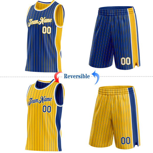 Custom Royal Gold Pinstripe-White Side Panels Reversible Double Side Sublimation Basketball Set Jersey