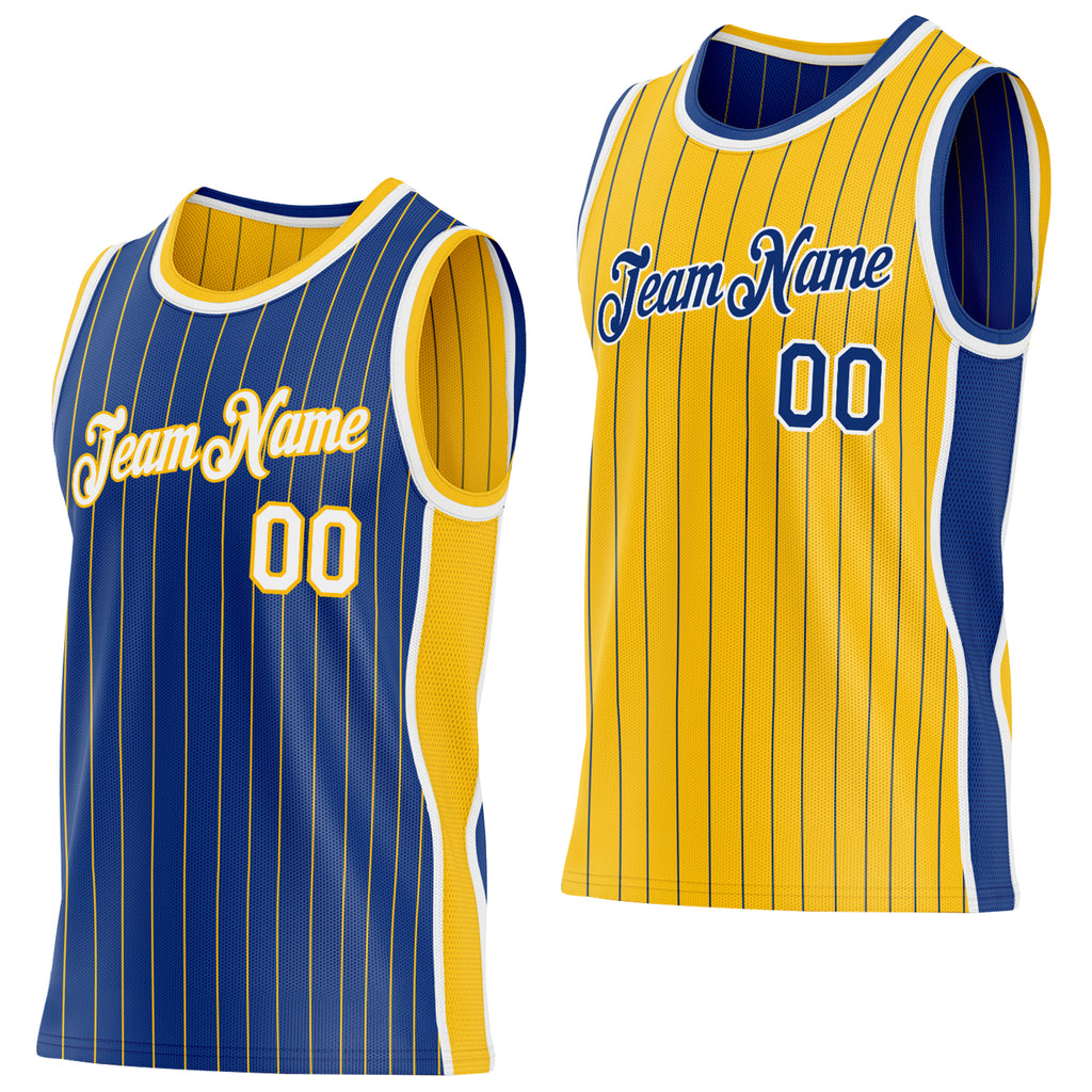 Custom Royal Gold Pinstripe-White Side Panels Reversible Double Side Sublimation Basketball Set Jersey