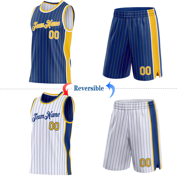 Custom Royal Gold Pinstripe-White Side Panels Reversible Double Side Sublimation Basketball Set Jersey