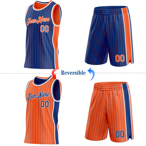 Custom Royal Orange Pinstripe-White Side Panels Reversible Double Side Sublimation Basketball Set Jersey