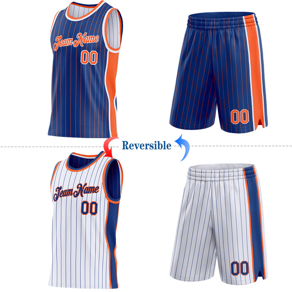 Custom Royal Orange Pinstripe-White Side Panels Reversible Double Side Sublimation Basketball Set Jersey