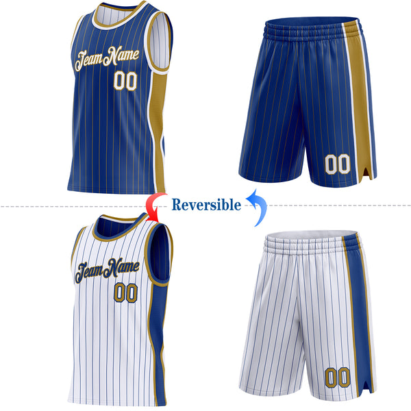 Custom Royal Old Gold Pinstripe-White Side Panels Reversible Double Side Sublimation Basketball Set Jersey