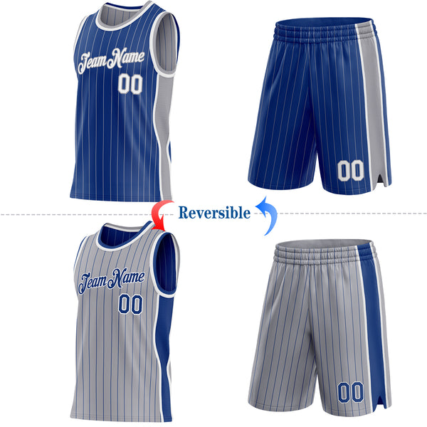 Custom Royal Gray Pinstripe-White Side Panels Reversible Double Side Sublimation Basketball Set Jersey