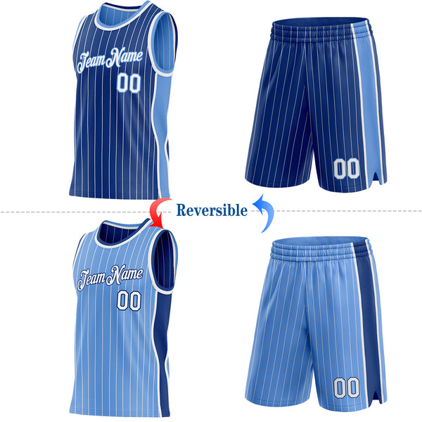 Custom Royal White Pinstripe-Light Blue Side Panels Reversible Double Side Sublimation Basketball Set Jersey
