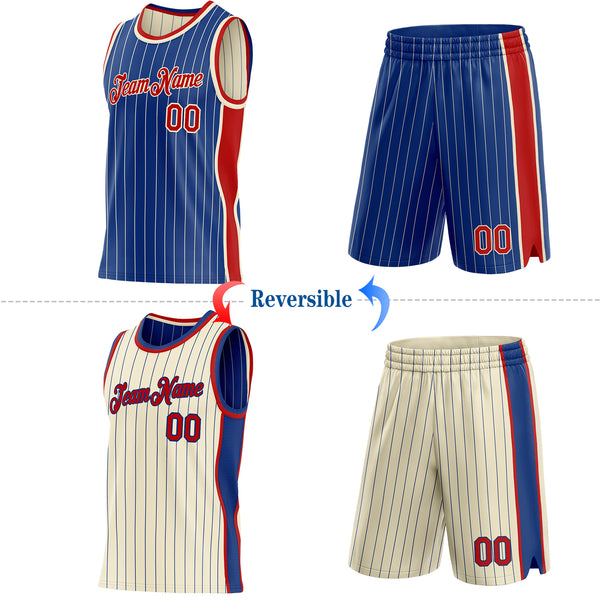 Custom Royal Cream Pinstripe-Red Side Panels Reversible Double Side Sublimation Basketball Set Jersey