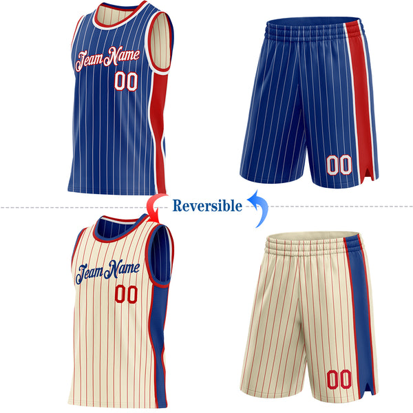 Custom Royal White & Cream Red Pinstripe Side Panels Reversible Double Side Sublimation Basketball Set Jersey
