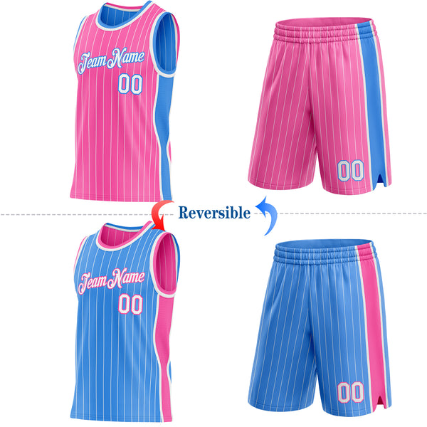 Custom Pink White Pinstripe-Powder Blue Side Panels Reversible Double Side Sublimation Basketball Set Jersey