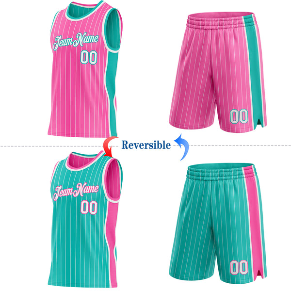 Custom Pink White Pinstripe-Aqua Side Panels Reversible Double Side Sublimation Basketball Set Jersey