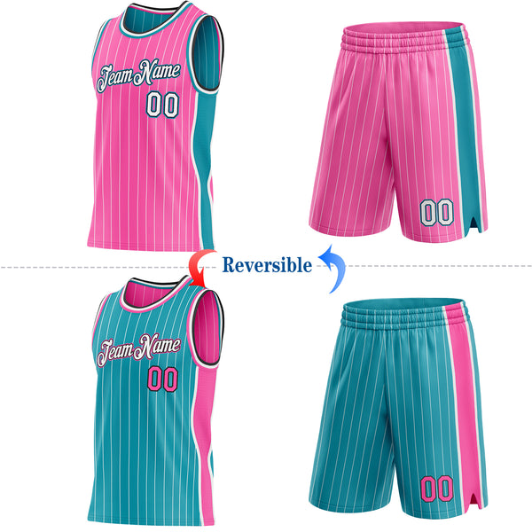 Custom Pink White Pinstripe Black-Teal Side Panels Reversible Double Side Sublimation Basketball Set Jersey