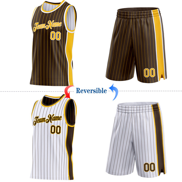 Custom Brown Gold Pinstripe-White Side Panels Reversible Double Side Sublimation Basketball Set Jersey