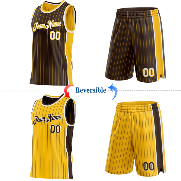 Custom Brown Gold Pinstripe-White Side Panels Reversible Double Side Sublimation Basketball Set Jersey