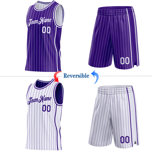 Custom Purple White Pinstripe Side Panels Reversible Double Side Sublimation Basketball Set Jersey
