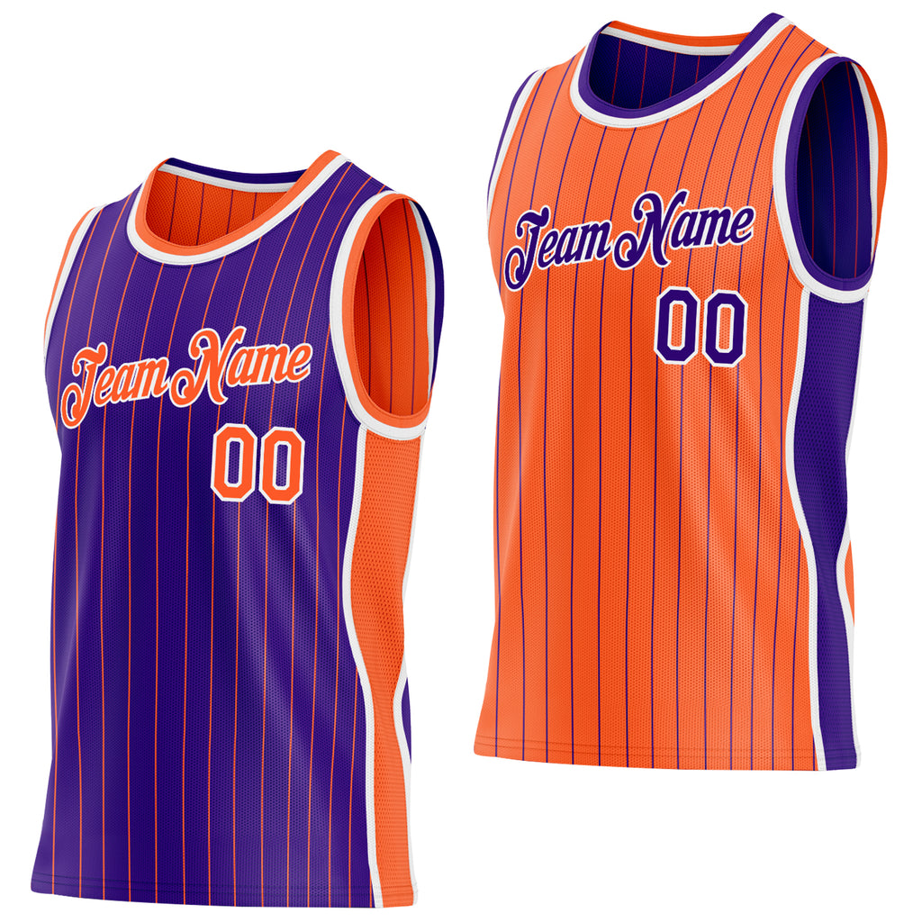 Custom Purple Orange Pinstripe-White Side Panels Reversible Double Side Sublimation Basketball Set Jersey
