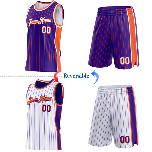Custom Purple Orange Pinstripe-White Side Panels Reversible Double Side Sublimation Basketball Set Jersey