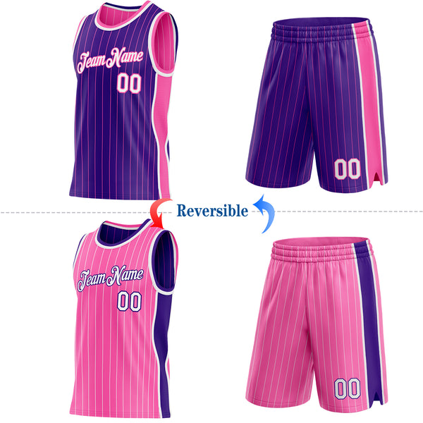 Custom Purple Pink Pinstripe-White Side Panels Reversible Double Side Sublimation Basketball Set Jersey