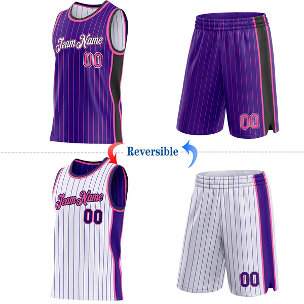 Custom Purple Pink Pinstripe Black-White Side Panels Reversible Double Side Sublimation Basketball Set Jersey