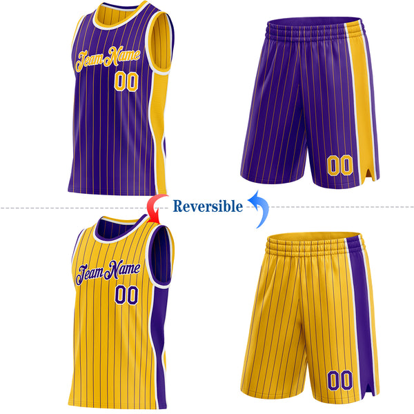 Custom Purple Gold Pinstripe-White Side Panels Reversible Double Side Sublimation Basketball Set Jersey