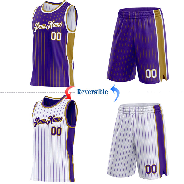 Custom Purple Old Gold Pinstripe-White Side Panels Reversible Double Side Sublimation Basketball Set Jersey