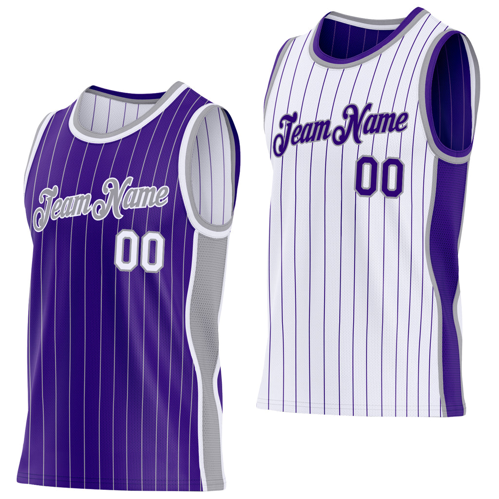 Custom Purple Gray Pinstripe-White Side Panels Reversible Double Side Sublimation Basketball Set Jersey