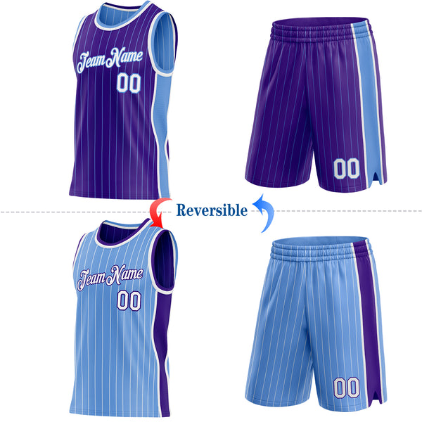 Custom Purple Light Blue Pinstripe-White Side Panels Reversible Double Side Sublimation Basketball Set Jersey