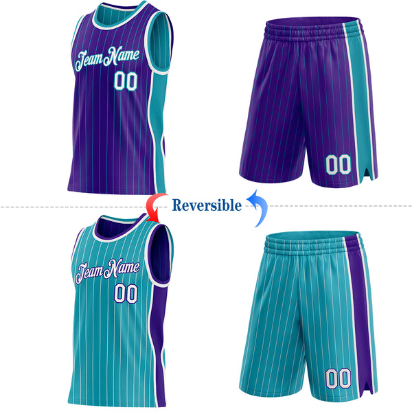 Custom Purple Teal Pinstripe-White Side Panels Reversible Double Side Sublimation Basketball Set Jersey