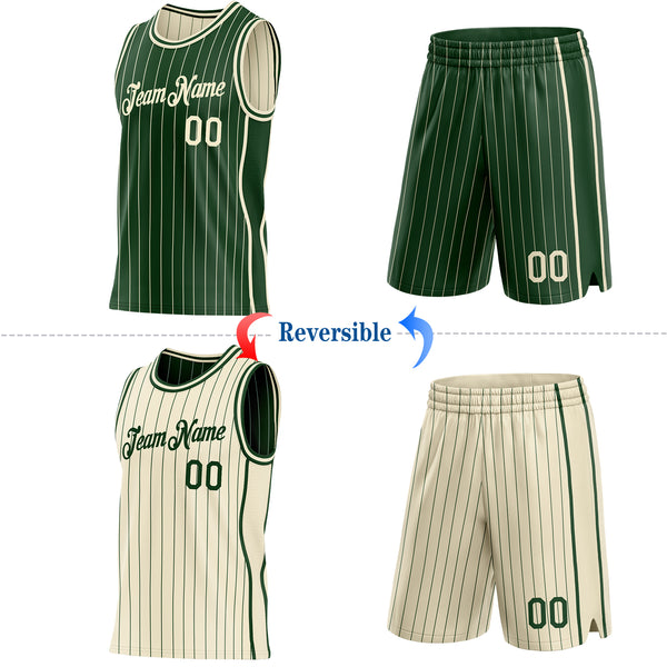 Custom Green Cream Pinstripe Side Panels Reversible Double Side Sublimation Basketball Set Jersey