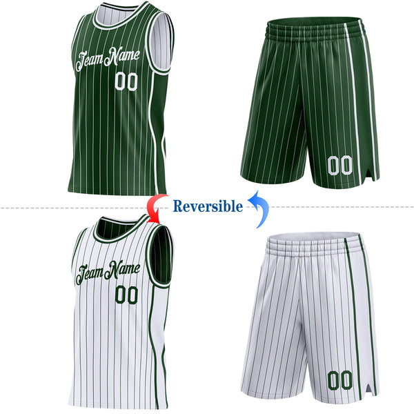 Custom Green White Pinstripe Side Panels Reversible Double Side Sublimation Basketball Set Jersey