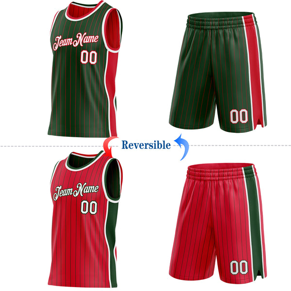Custom Green Red Pinstripe-White Side Panels Reversible Double Side Sublimation Basketball Set Jersey